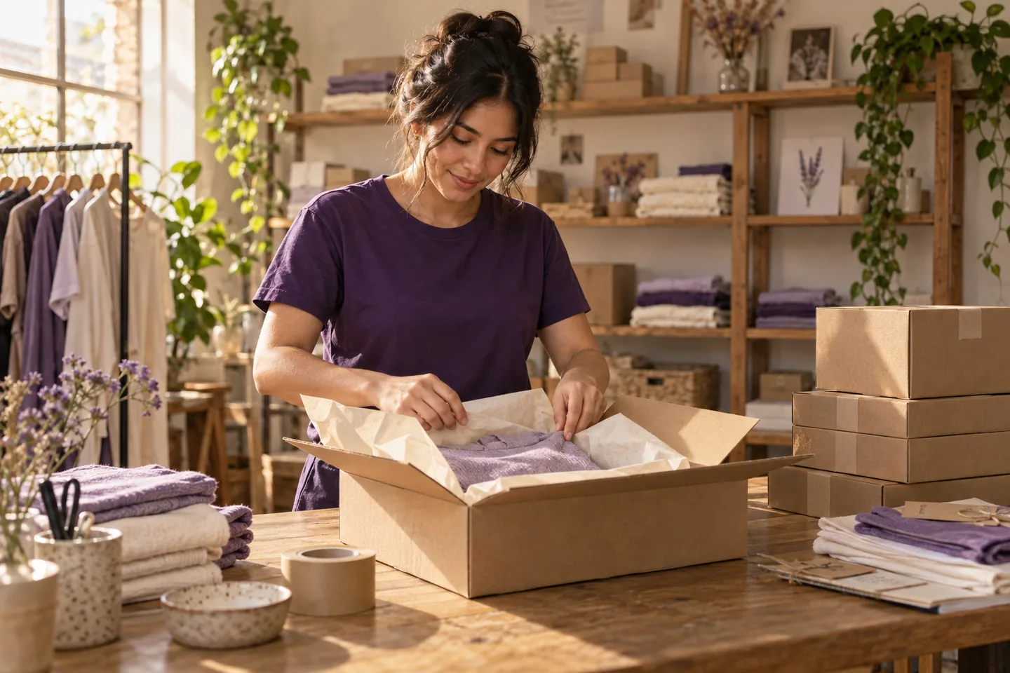 Una emprendedora empaca una venta en su taller de ropa.